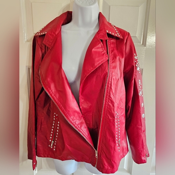 Women’s Medium Red Studded Moto Jacket Retro Lightweight Windbreaker Style Zip - Picture 2 of 7